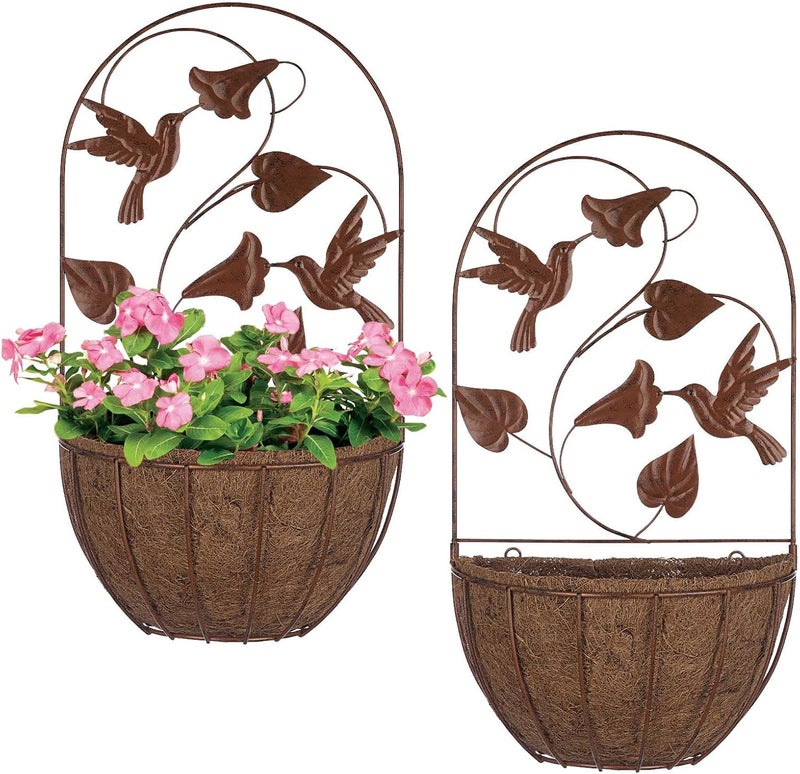 BAYN 2PKs Wall Hanging Planter Decor Art with Hummingbirds, Metal Wall Mounted Planters Indoor Outdoor Wall Planter for Succulent Herb Home Garden Yard - Image 1
